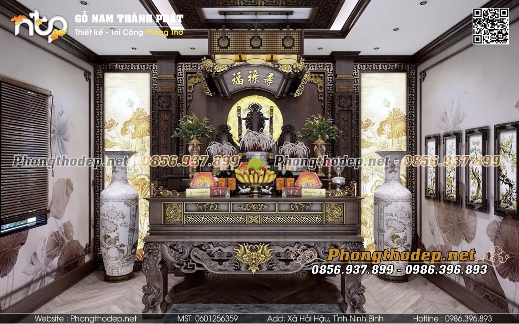 Phòng thờ 3 gian ốp gỗ đẹp mắt, màu sắc sang trọng